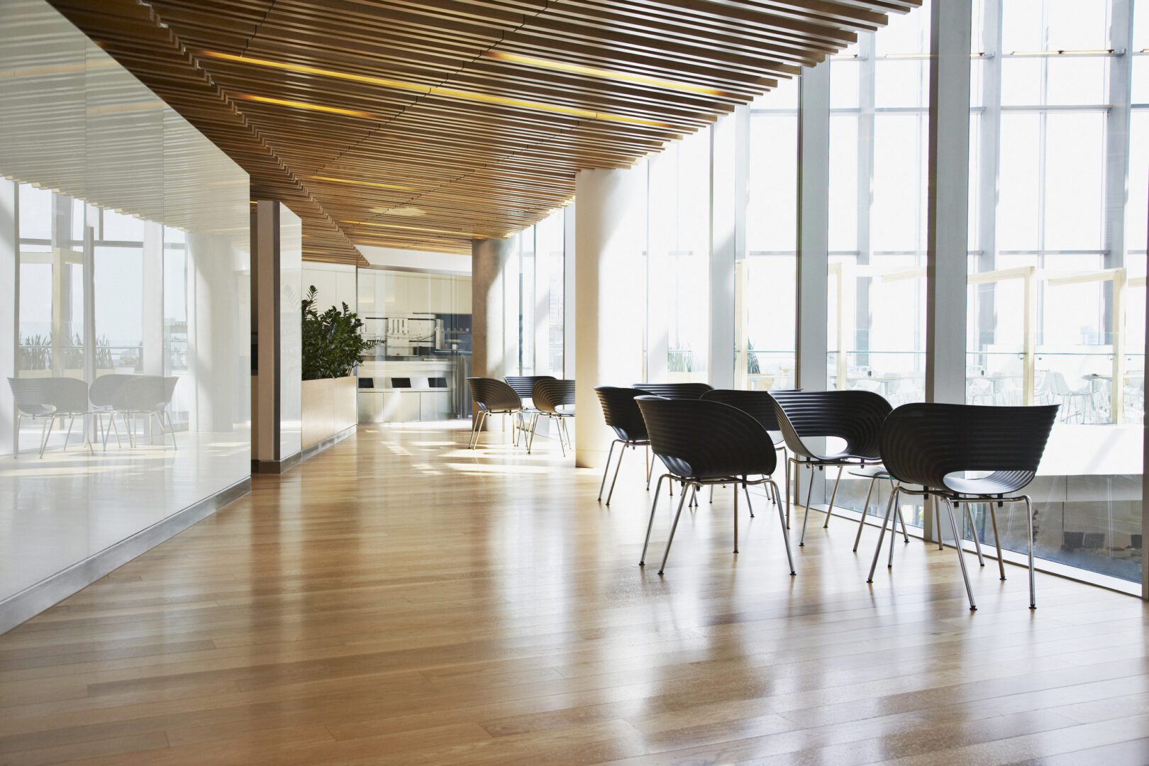 Modern office lounge with chairs and windows