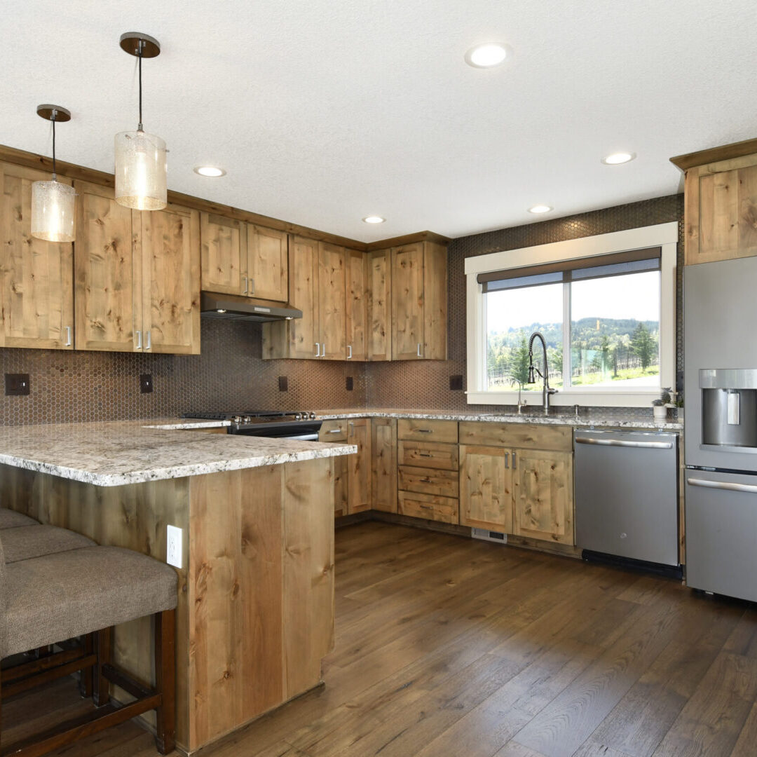 Modern farmhouse kitchen with wooden cabinets